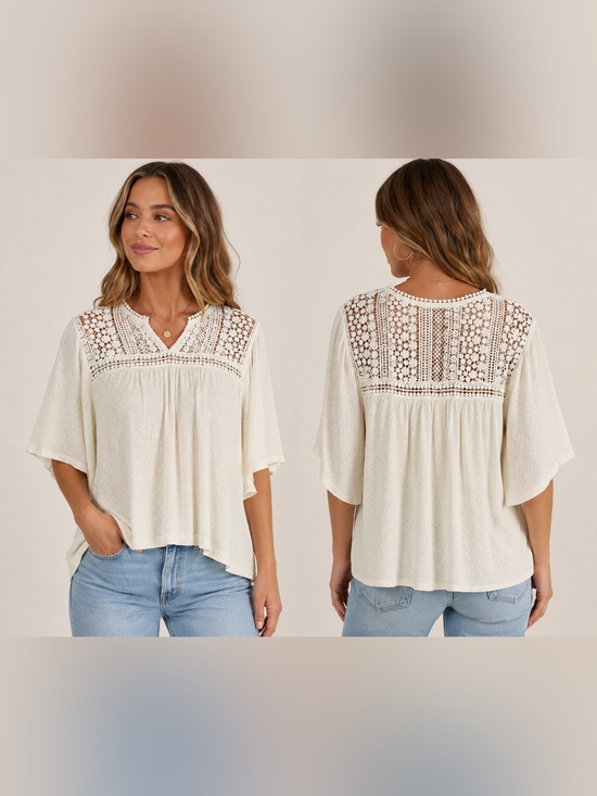 lovestitch Tops - LoveStitch Women’s Medium Ivory Boho Lace Crochet Peasant Blouse Bell Sleeves.